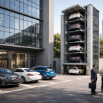 Sistema de estacionamiento vertical para empresas con torre automatizada y flota corporativa en edificio moderno