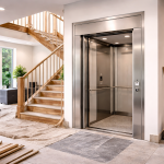 Elevador residencial instalado durante remodelación familiar en vivienda moderna de dos pisos con iluminación natural