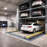 Estacionamiento vertical automatizado para edificios con torre metálica y autos almacenados en varios niveles