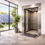 Elevador ecológico moderno en edificio sostenible con iluminación natural y paneles solares visibles en entorno corporativo