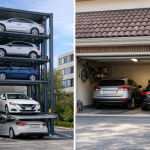 Sistema de estacionamiento vertical residencial instalado en vivienda comparado con cochera tradicional para dos vehículos