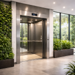 Sistema de elevadores verdes de bajo consumo eléctrico instalado en un edificio moderno con iluminación natural