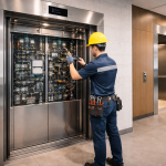 Técnico realizando mantenimiento preventivo en elevadores comerciales de alto tráfico en edificio corporativo