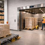 Montacargas industrial transportando pallets en bodega logística según flujo de carga vertical