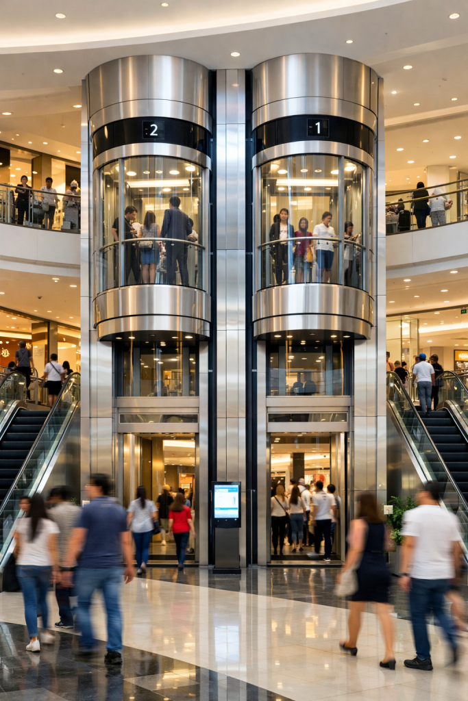 elevadores comerciales en centro comercial moderno con alto flujo de personas y sistema eficiente
