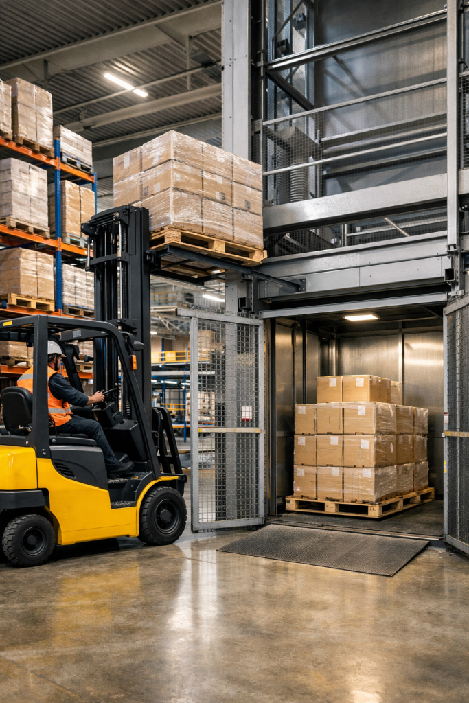 montacargas industrial en operación dentro de almacén moderno en México optimizando carga y transporte vertical