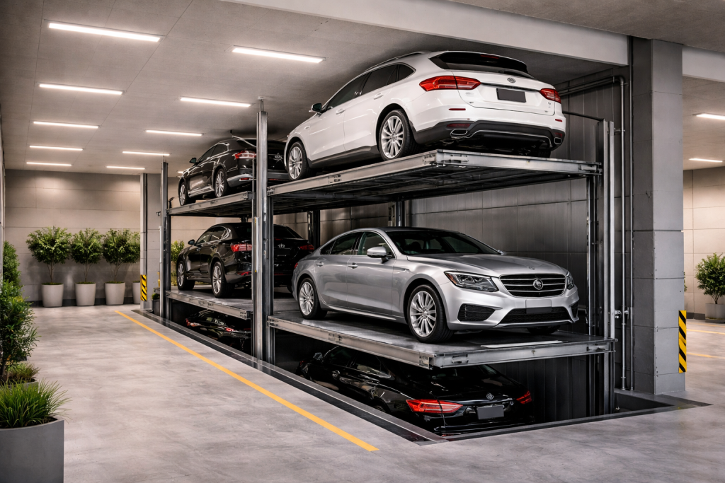elevador para autos en edificio moderno con sistema de estacionamiento vertical en México