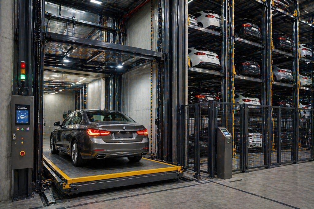 elevadores para autos en México en estacionamiento vertical moderno con sistema automatizado eficiente