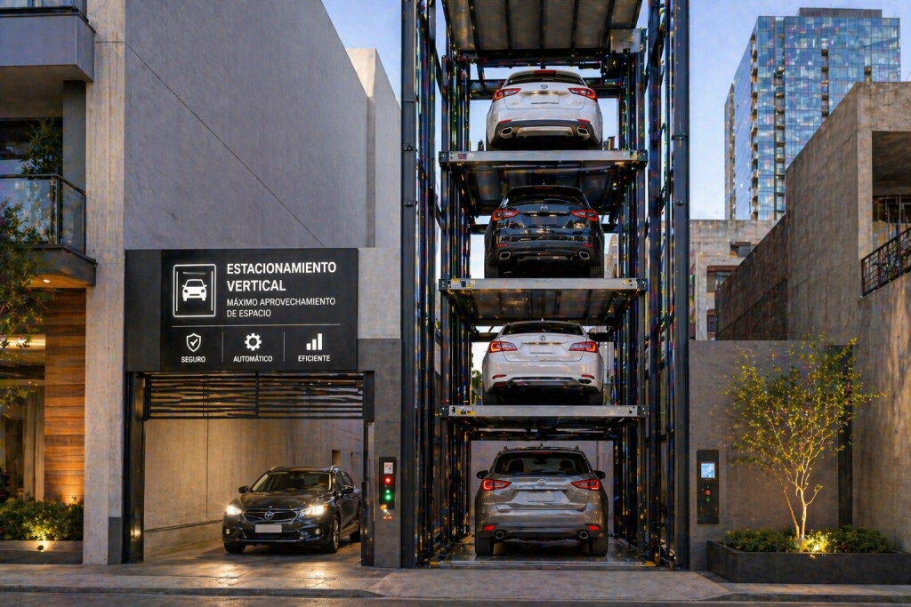 sistema de estacionamiento vertical en México con elevadores para autos en espacio reducido moderno