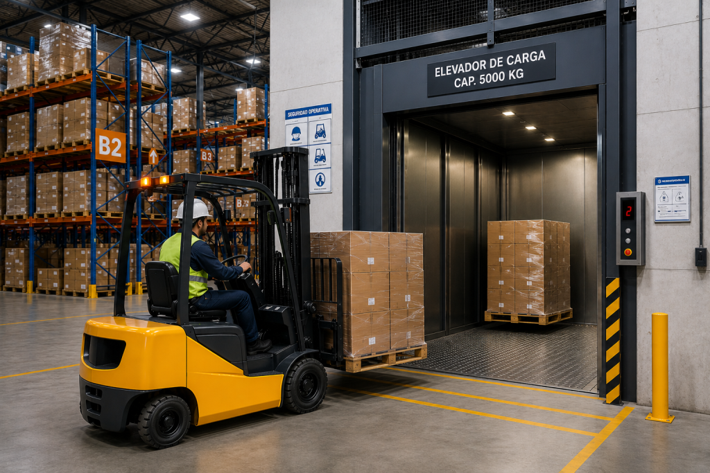 Solución de elevadores montacargas para centros logísticos en México con carga industrial moderna