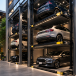 Sistema de estacionamiento vertical en México con autos en plataformas modernas