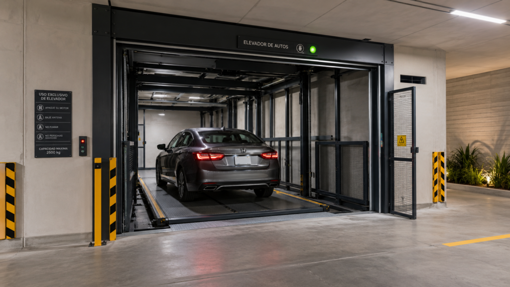 Elevadores para autos con acceso seguro en México con plataforma guiada, barreras y zona de maniobra despejada.