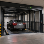 Elevadores para autos con acceso seguro en México con plataforma guiada, barreras y zona de maniobra despejada.