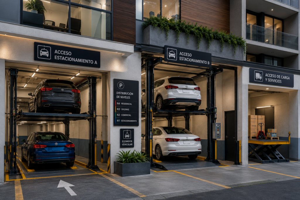 Sistemas de elevadores para proyectos mixtos en México con plataformas vehiculares y accesos independientes.